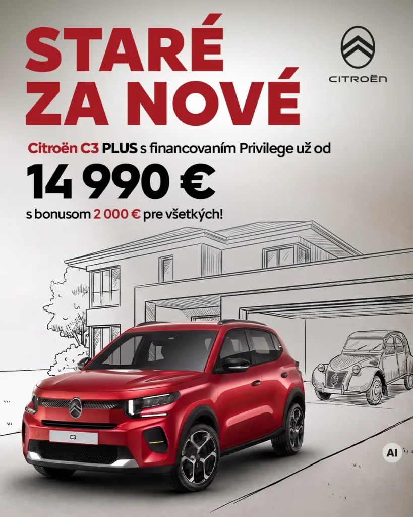 Citroën C3 PLUS v červenej farbe pred rodinným domom – akcia Staré za nové, cena od 14 990 €
